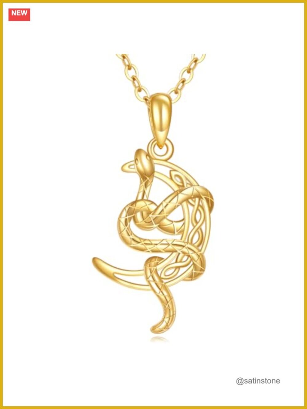 14K Yellow Gold Snake Moon Pendant Necklace 16-18" Adjustable Chain